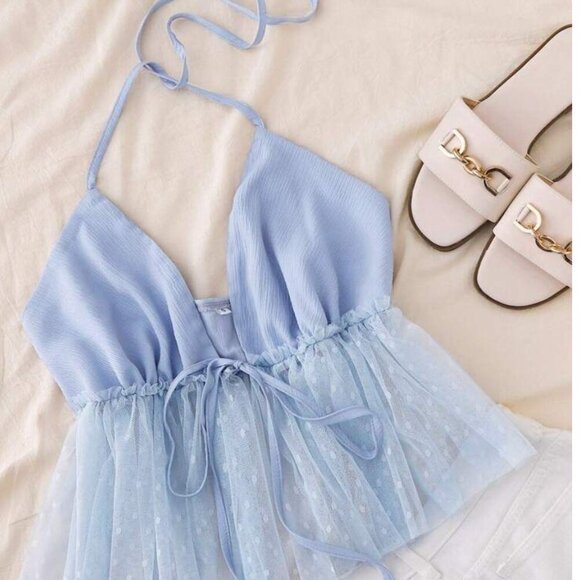Tops - Shein Baby Blue Tulle Polka Dot Tie Front Peplum Top Size S